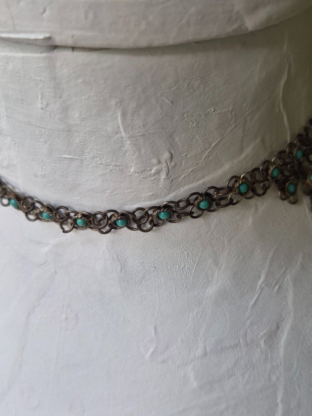 Vintage Brass Chainmail Turquoise silver tone Bib Choker Tribal Boho Necklace - Picture 5 of 9